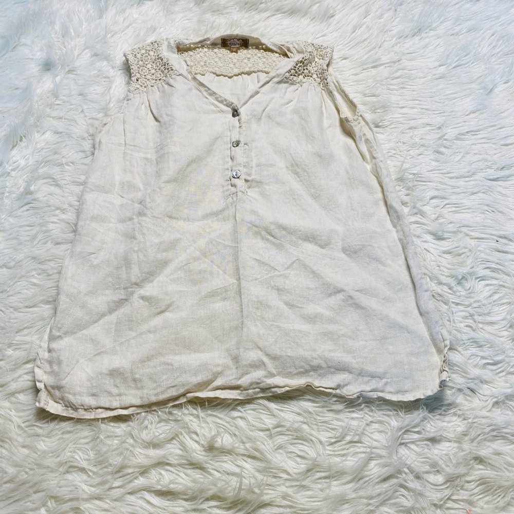 Carla Conti Womens 100% Linen Sleeveless Blouse Crochet Shoulder‎ Coastal Medium